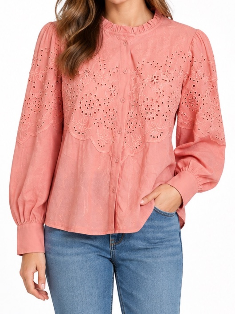 Democracy Coral Eyelet Button-Front Blouse top L long sleeve peach pink